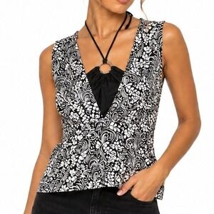 Y2K 6 Degrees Halter Top Women L Black Floral Paisley O Ring Sleeveless Retro